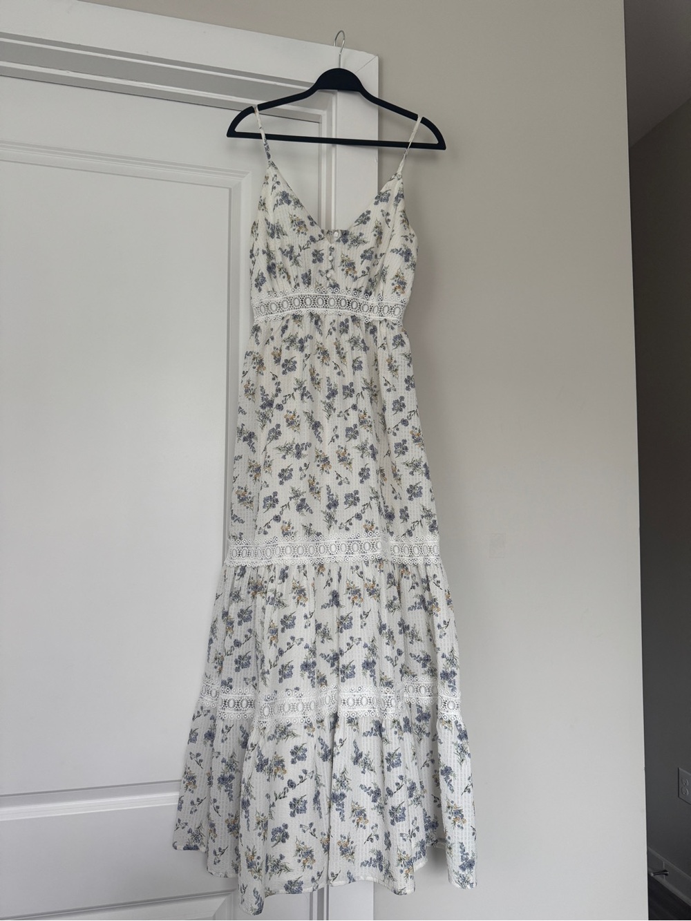 Lulu's White Floral Maxi Dress with Blue-Green Print